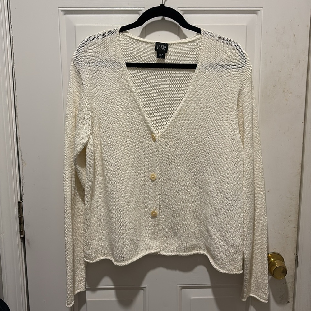 Eileen Fisher Women L white Long Sleeve VNeck Organic Cotton Knit Cardigan